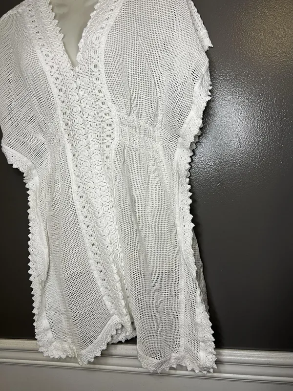 SeaSpice Cover Up Womens Medium White Crochet Mesh Lace Trim Beach Tunic Swim - Image 7