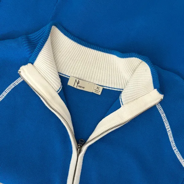 NEVE Quarter Zip Ski Sweater Blue White Striped Black Cuffs 100% Cotton X-Large - Image 10