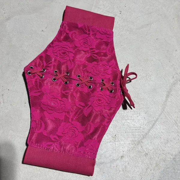Lavish By Daisy Corset Bustier Large PVC Pink Floral Lace Up Front Sexy Lingerie - Image 2