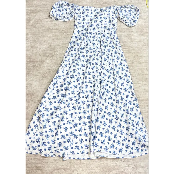 Kutumai Women Medium Blue White Floral Maxi Dress Off Shoulder Milk Maid Cottage - Image 8