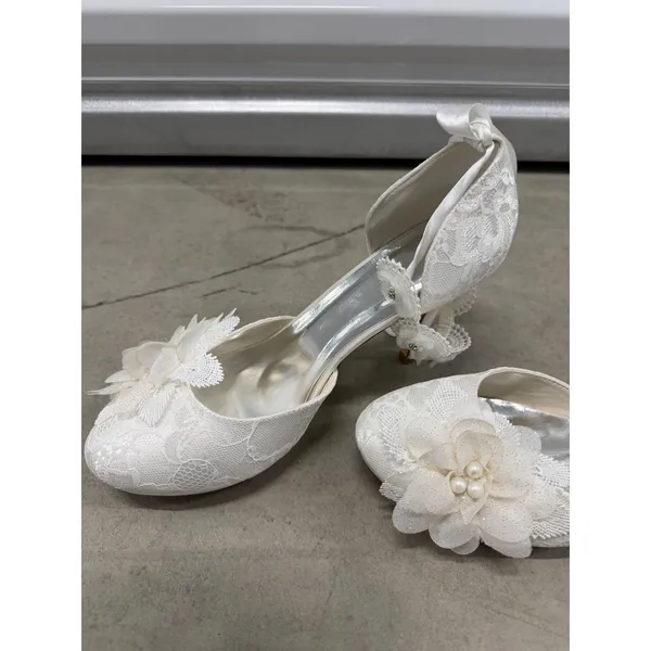 White Lace Floral Bridal Heels Ribbon Tie Ankle Strap Wedding Pumps Size 42 - Image 8