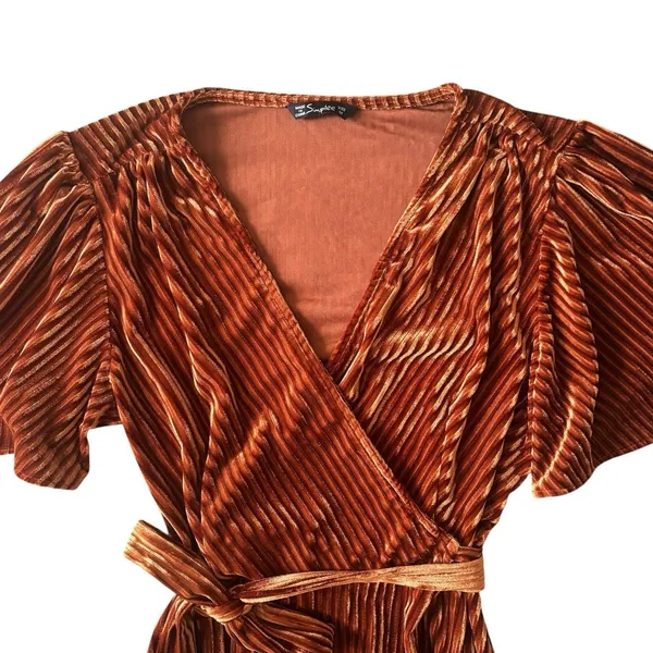 Women's‎ Formal Rust Colored V-neck Ribbed High Low Velvet Wrap Dress Sz Medium - Image 3