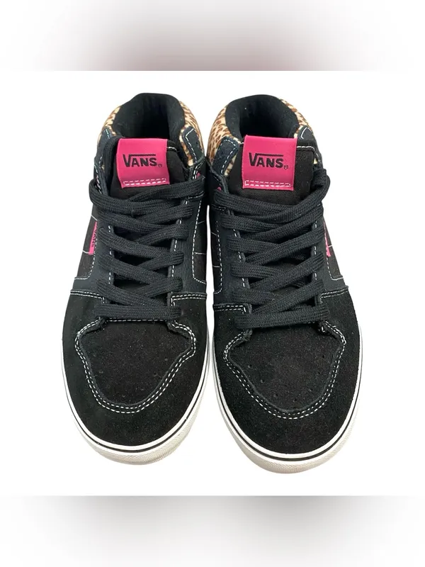 Vans Ellis Size 7 Black Suede Mid Top Sneakers with Leopard Collar Hot Pink NWO - Image 4