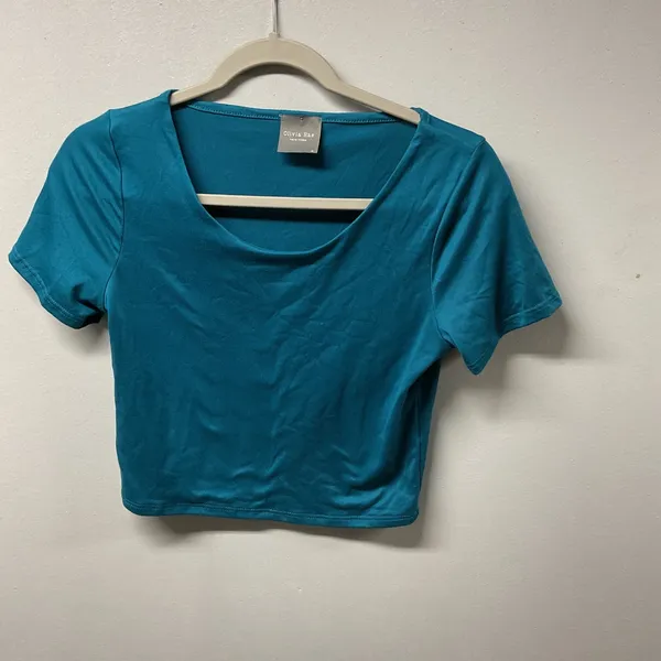 Olivia Rae Crop Top Womens Medium Teal Scoop Neck Short Sleeve Stretch‎ Basic - Image 2