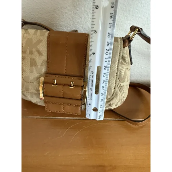 Michael Kors Small Signature Series Crossbody Tan Logo‎ Canvas Brown Leather - Image 12