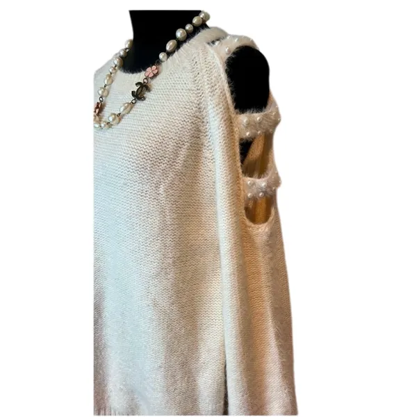 Easel Cream Pearl Cutout Sleeve Fuzzy Knit Sweater S/M - Image 4