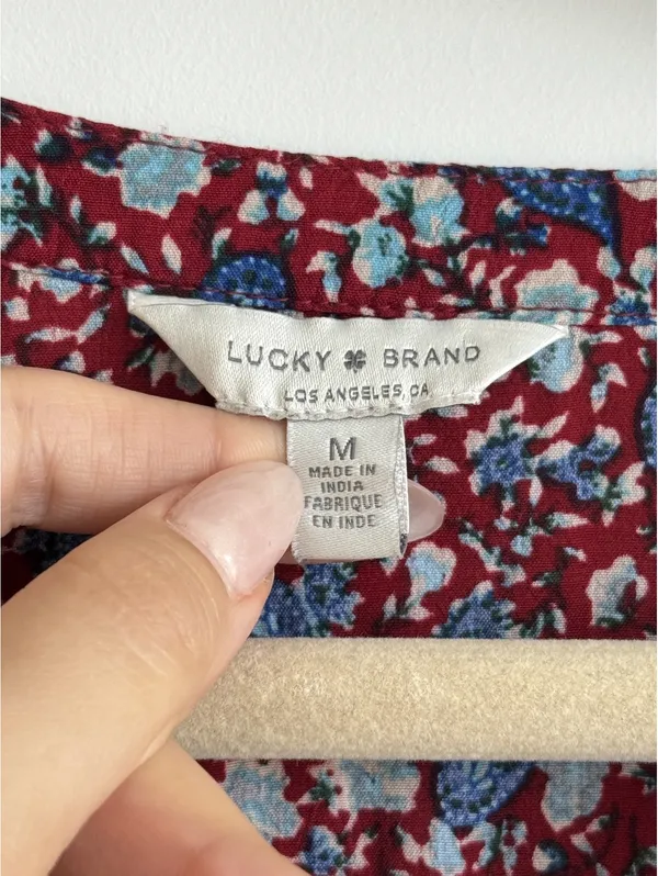 Lucky Brand Floral Mini Dress Burgundy Blue Boho Long Sleeve Size M - Image 3