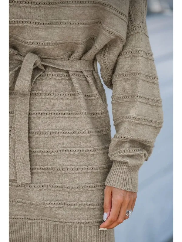 NWT Cupshe Khaki Belted Dolman Sleeve Sweater Dress - Size: Large - Image 7
