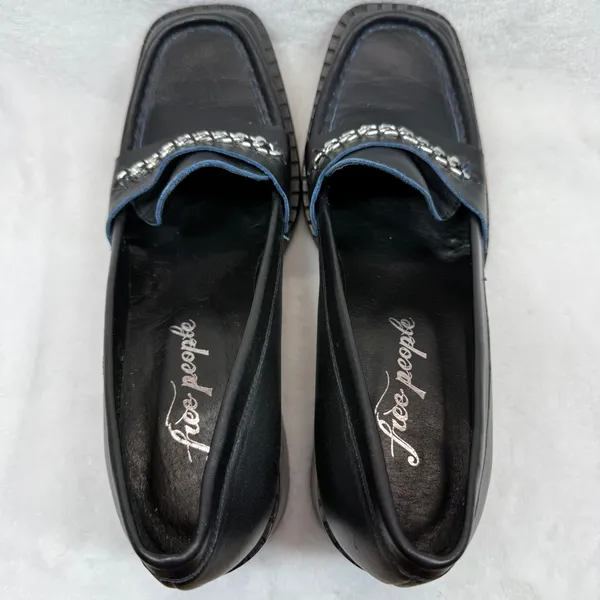 Free People Hayden Black Leather‎ Heeled Loafers Chain Accent Size 41 US 10 - Image 7