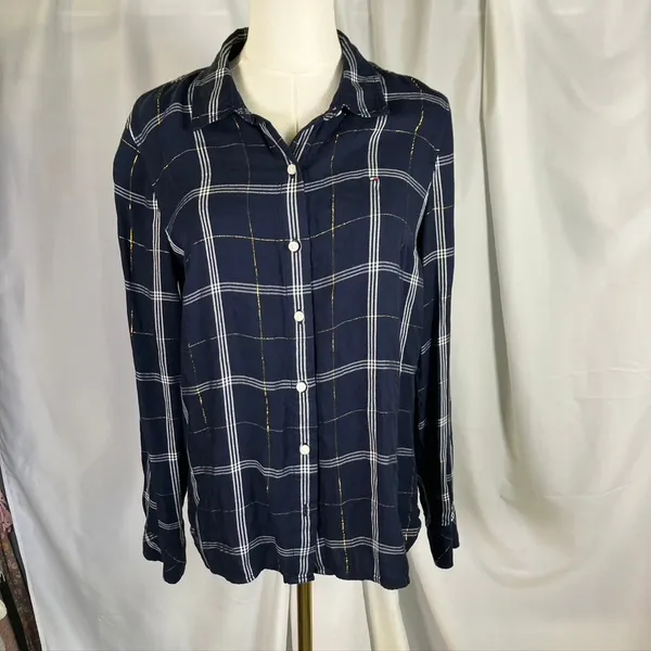 Tommy Hilfiger Women's Navy‎ Plaid Button Down Shirt Metallic Accents Size M - Image 15