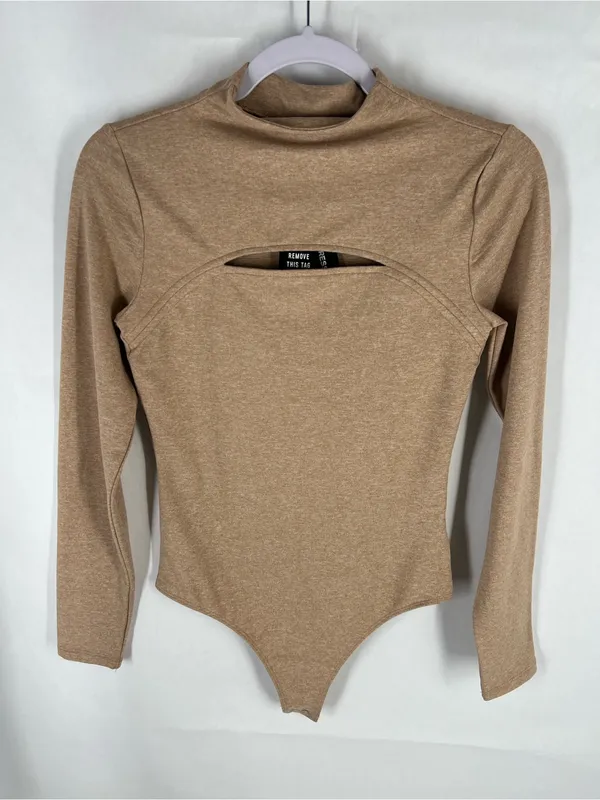 Express Body Contour Cozy Mock Neck Cutout Bodysuit Tan Size S NWT - Image 2