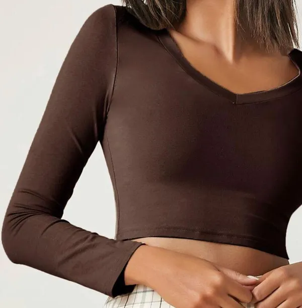 SheIn Basics Brown Long Sleeve Crop Top - Image 7