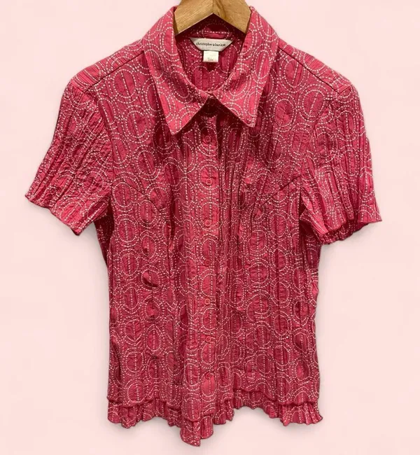 Vintage 90’s-y2k pink white embroidered crinkle short sleeve scallop hem blouse - Image 3
