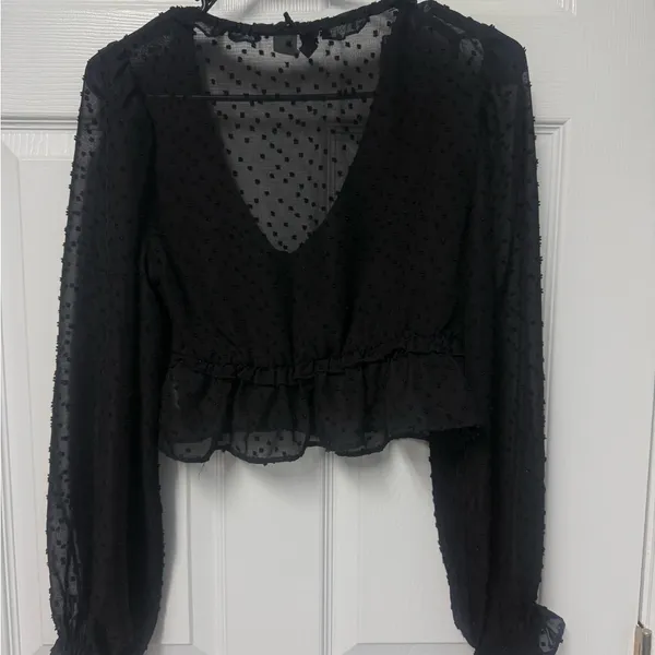 H&M Black Sheer Ruffled Blouse - Image 2
