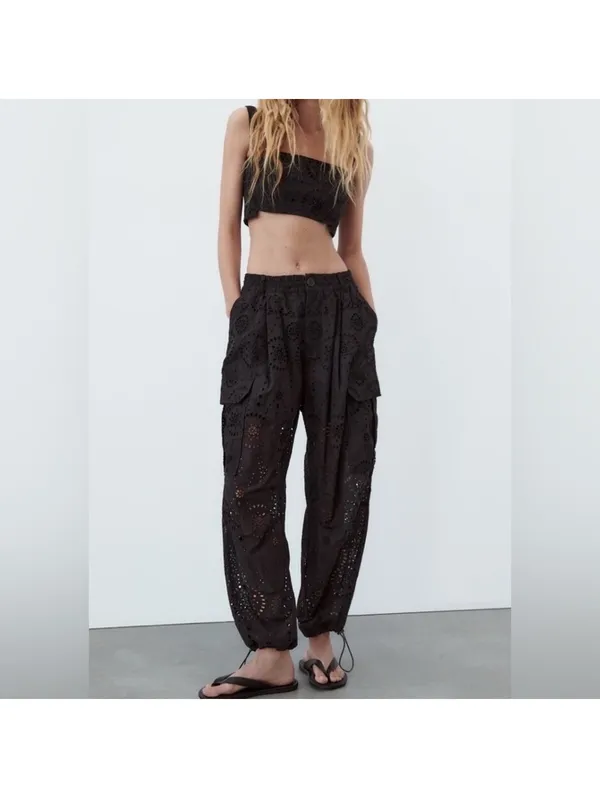 ZARA Whimsigoth Grunge Boho Embroidered Eyelet Open Back Crop top size small - Image 4