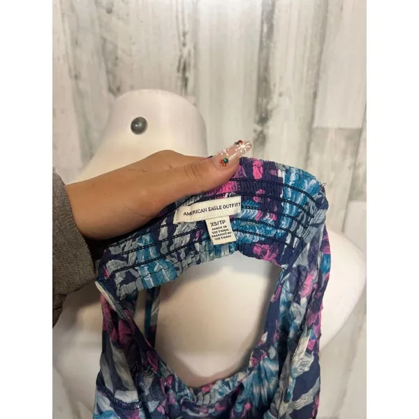 American Eagle Tropical Floral Mini Dress XS Cutout Back Summer Sundress Blue Pi - Image 4