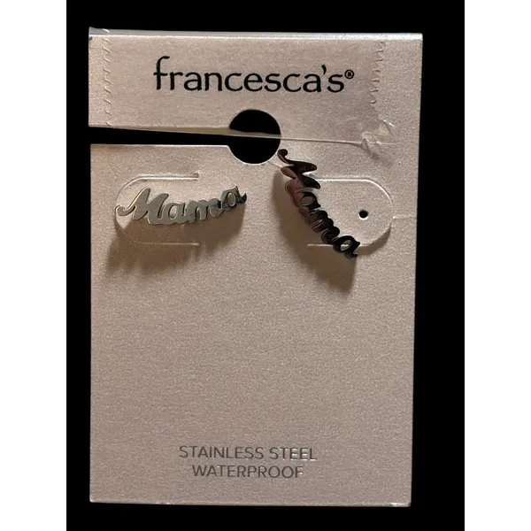 Francesca's Mama Script Stud Earrings Silver Tone Stainless Steel Waterproof - Image 2