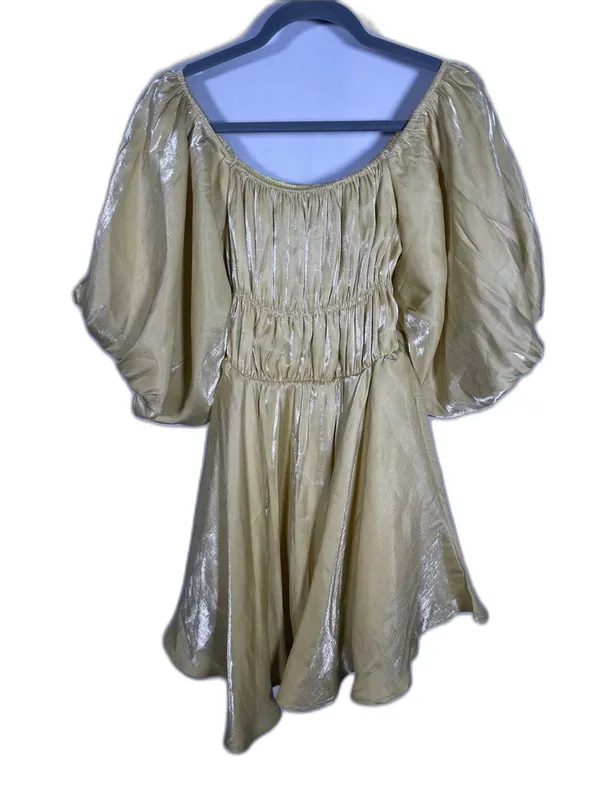 Molly Green Womens Yellow Shiny Puff Sleeve Mini Dress Small - Image 6