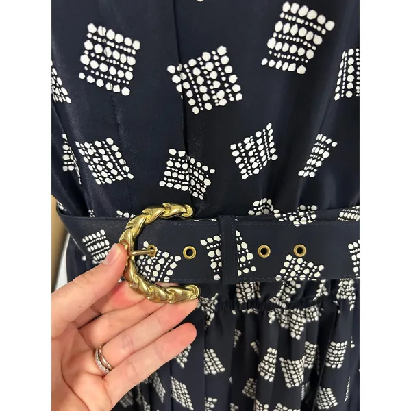 Leslie Fay Vintage Navy Blue Geometric Dot Pleated Midi Dress with Belt Size 14W - Image 4
