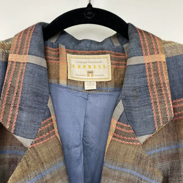 Vintage Express Plaid Madras Blazer Jacket 3 Button Oversized Boxy Size Small - Image 2