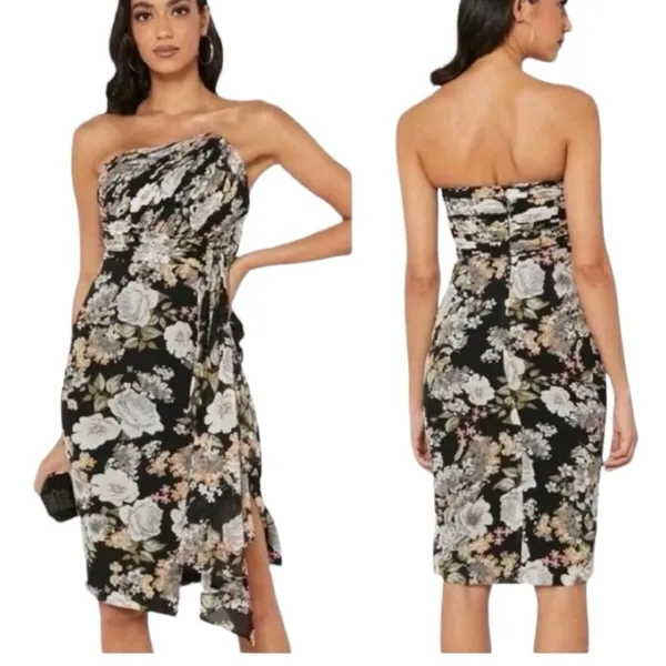 LAVISH‎ ALICE Black Floral Asymmetrical Ruffle Strapless Dress Size US 8 NEW - Image 2