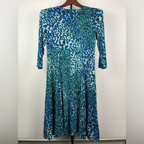 Maggy London Blue Green Animal Print 3/4 Sleeve Empire‎ Waist Fit & Flare Dress - Image 6