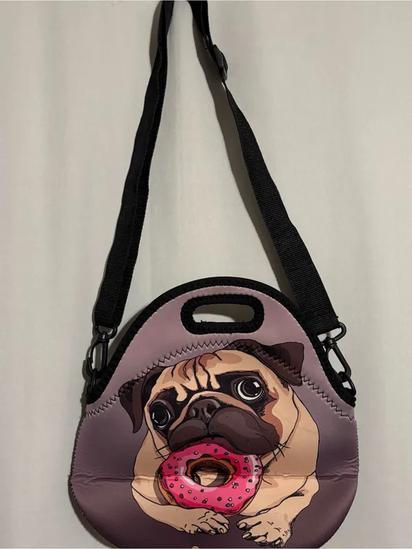 Pug Donut Neoprene Crossbody Lunch Bag - Pink/Purple - Image 4