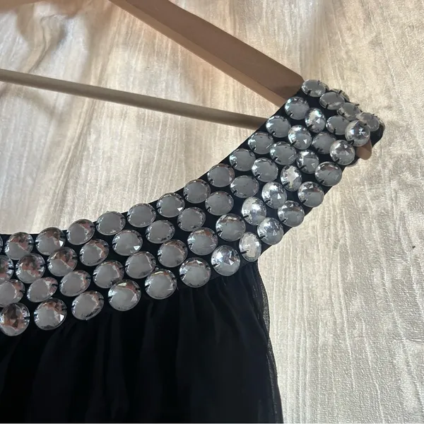 Vintage Scala Silk Black Mini Dress Beaded Gem One Shoulder Sleeveless Size 6‎ - Image 2