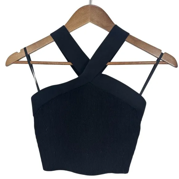 Babaton Black‎ Ribbed Sculpt Knit Crisscross Halter Crop Top Size S - Image 3