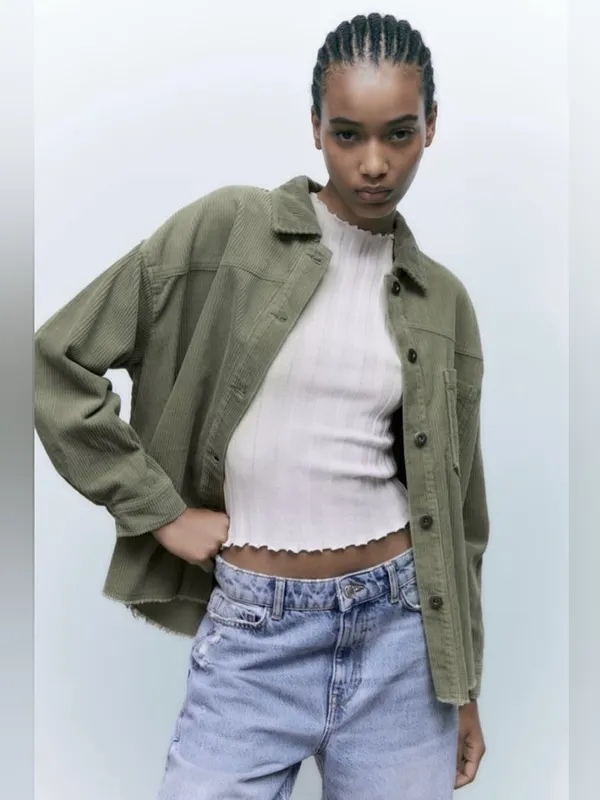 Zara Jacket Corduroy Overshirt Olive Green Women Size Large Oversized - Image 3