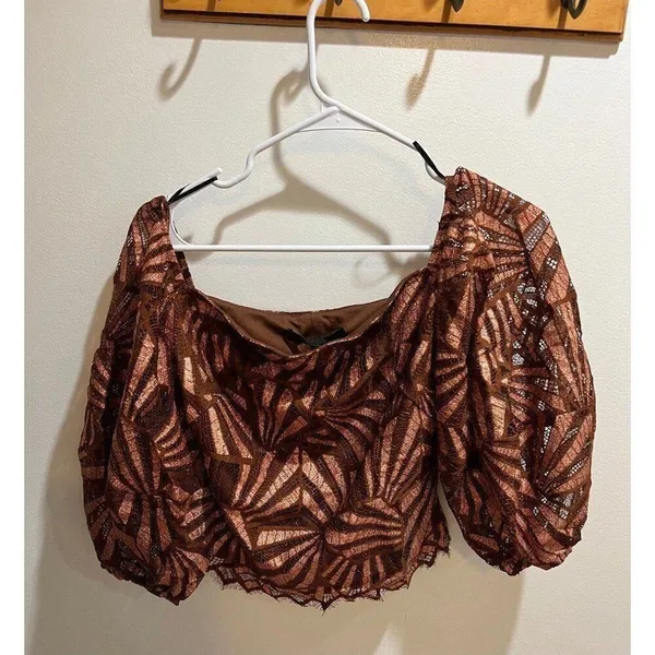 Anthropologie NWT Women XS Brown Metallic Geometric Print Blouse Glam Party Chic - Image 5