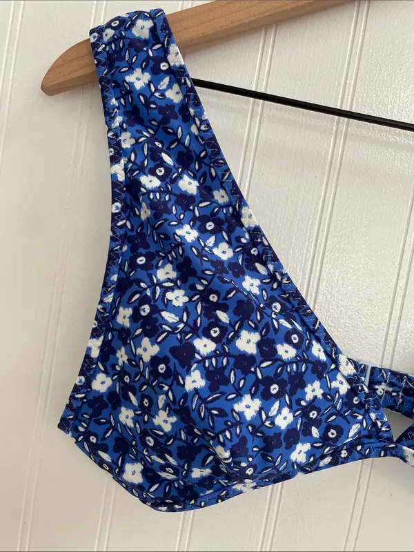 AERIE Wide Strap Plunge Bikini Top in Brilliant Blue Floral Size M - Image 7