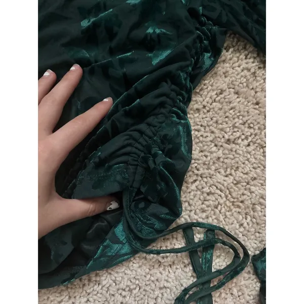Velvet Burnout Ruched Top Emerald Green Floral Sheer Mesh Shyanne XS Holiday - Image 3