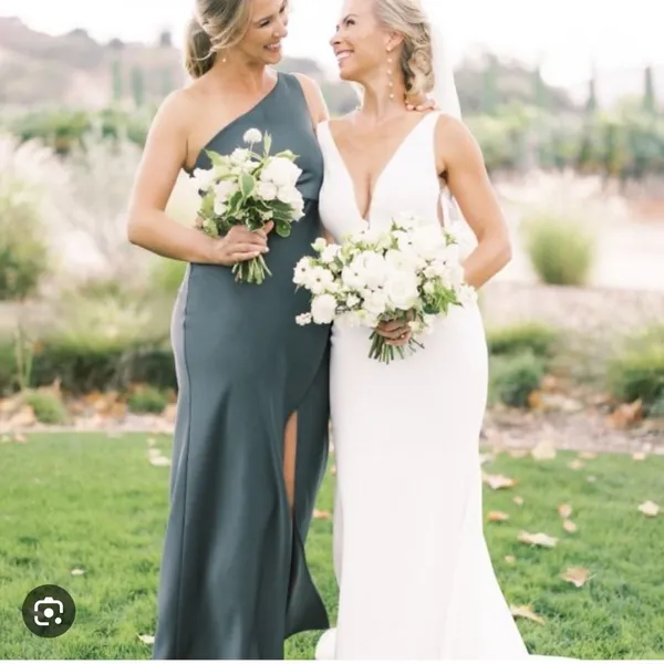 BHLDN Dylan One-Shoulder Satin Side-Slit Gown Green sz 8 - Image 2