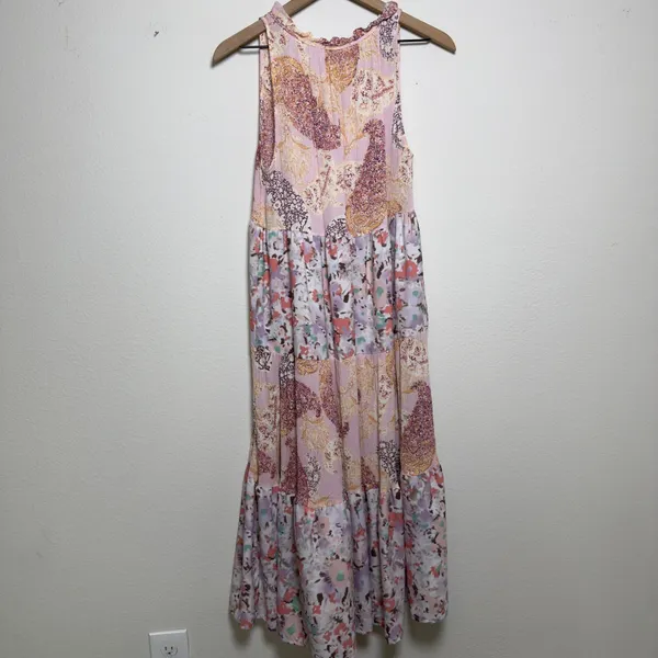 Entro Women Dress Medium Pink Paisley Floral Tiered Midi Flowy Boho Patchwork - Image 6