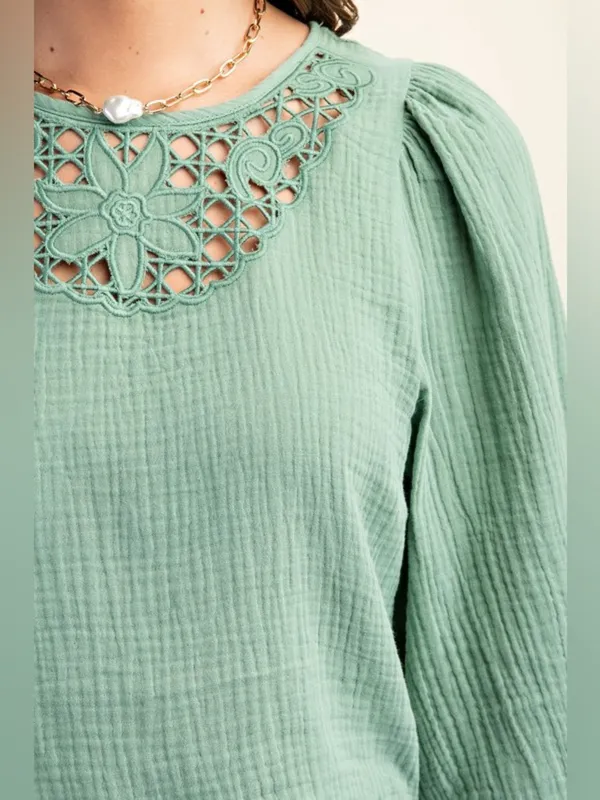 Crochet Yoke Puff Sleeve Blouse in Sage Size Medium - Image 4