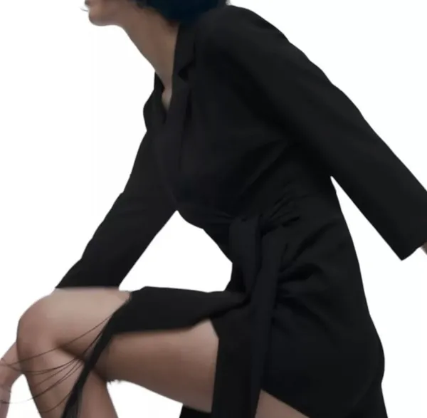 Zara blazer dress with fringes tied wrapped mini tailored black - Image 5