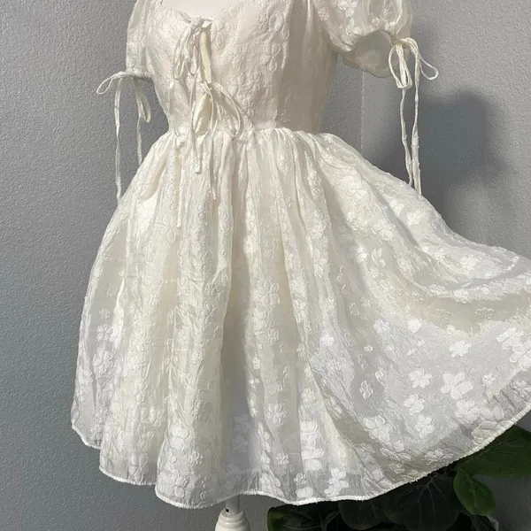 Mable White Floral Poofy Mini Dress Front Tie Puff Sleeves Coquette Y2k - Image 3