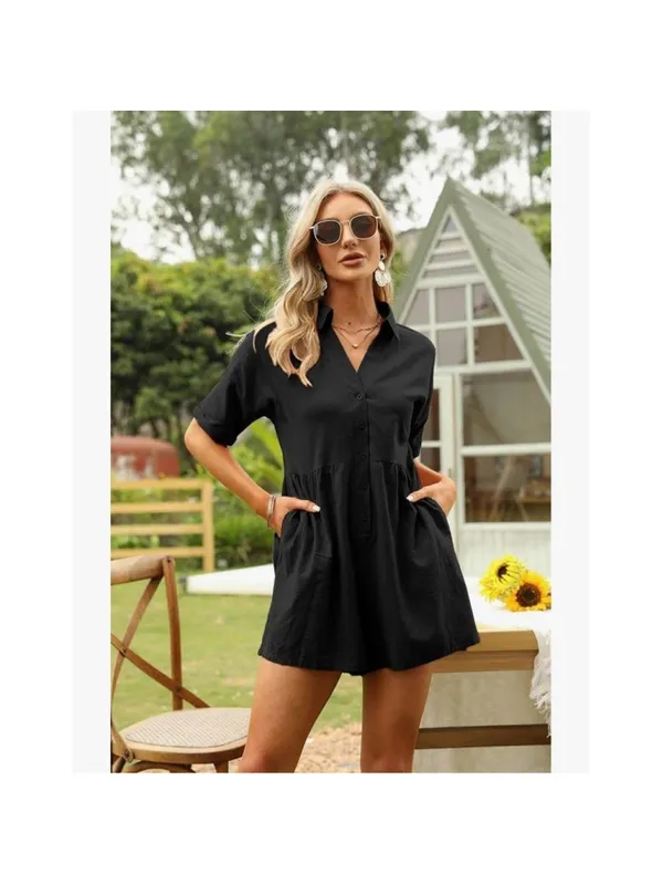 NEW Button Down Linen Shorts Rompers Collared Pockets L Black Size L - Image 5
