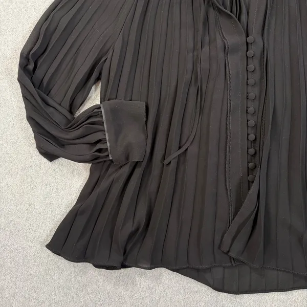 Zara Black Sheer Pleated Blouse Women's Medium Faux Leather Collar Button V-Neck - Image 4