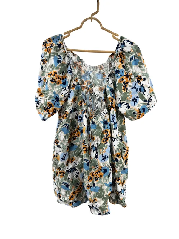 Emory Park smocked neckline flowy mini babydoll Dress S floral open back tie - Image 2