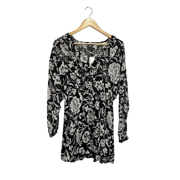 Zara Floral Print Ruffle Mini Dress Black White Long Sleeve V-Neck Size M NWT - Image 2