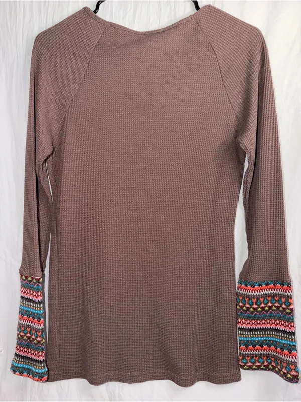 Earthbound Trading Co. Waffle Knit Long Sleeve Top Fair Isle Cuffs XL - Image 2