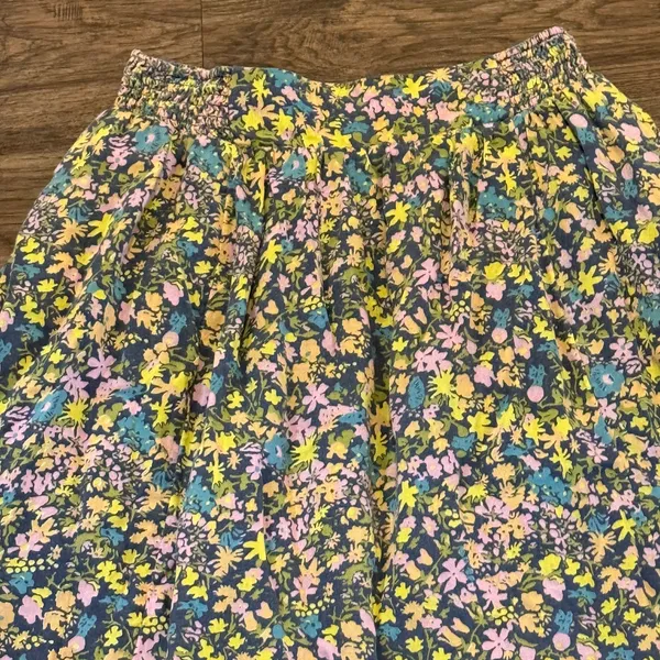 Free People Floral MIDI Skirt Smock Waist Yellow Gray Green Blue Small - Image 2