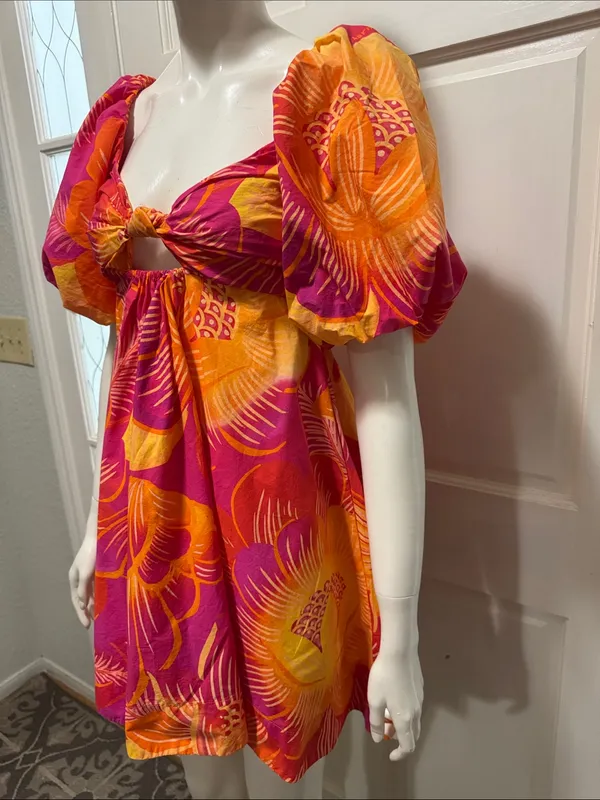 Farm Rio Summer Garden Puff Sleeve Cut Out Dress Womens Sz Small New $185 - Image 7