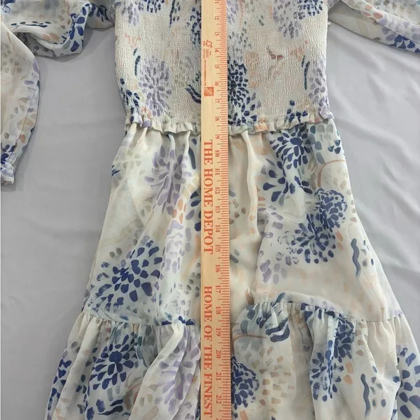 Wilfred‎ Aritzia Smocked Mini Dress Blue Floral Square Neck Long Sleeve XS - Image 6
