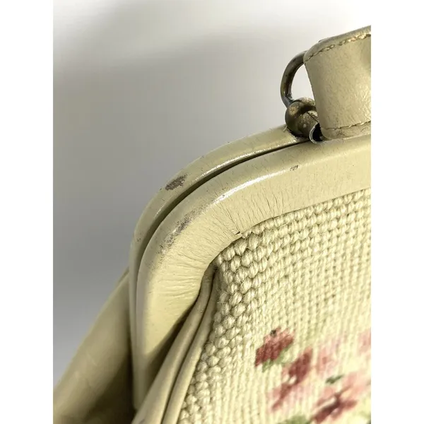 Vintage 50's Needlepoint Floral Purse Handbag Pockets Coin Purse Beige - Image 3