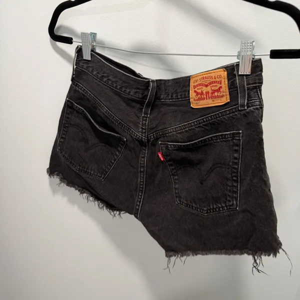 Levis 501 Original Cut Off Denim Shorts 27 Black High Waisted Button Fly Raw Hem - Image 3
