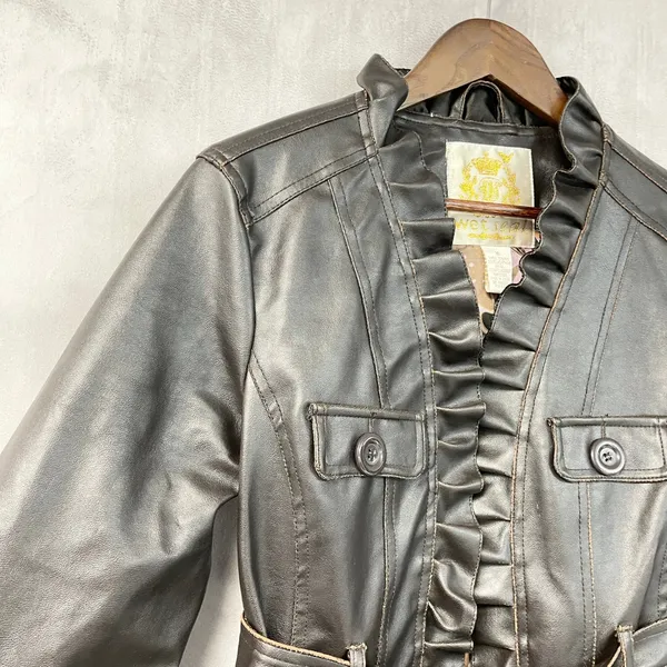 Wet Seal Womens Faux Leather Jacket XL Brown Ruffle Belted Y2K 2000s McBling - Image 5