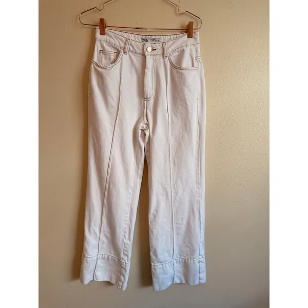 Zara Wide Leg Jeans Women Size 4 Off-White‎ Front Seam High Rise Cropped Denim - Image 2